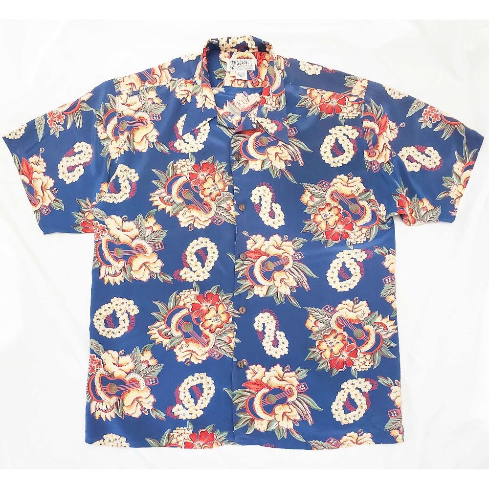 Avanti Original Mens 50s Style Hawaiian Ukulele Lei Silk Loop Collar Shirt XXL